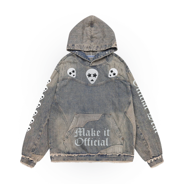 Official Wear 'Stoners Skate' Unisex Washed Distressed Fuzzy Denim Hoodie
