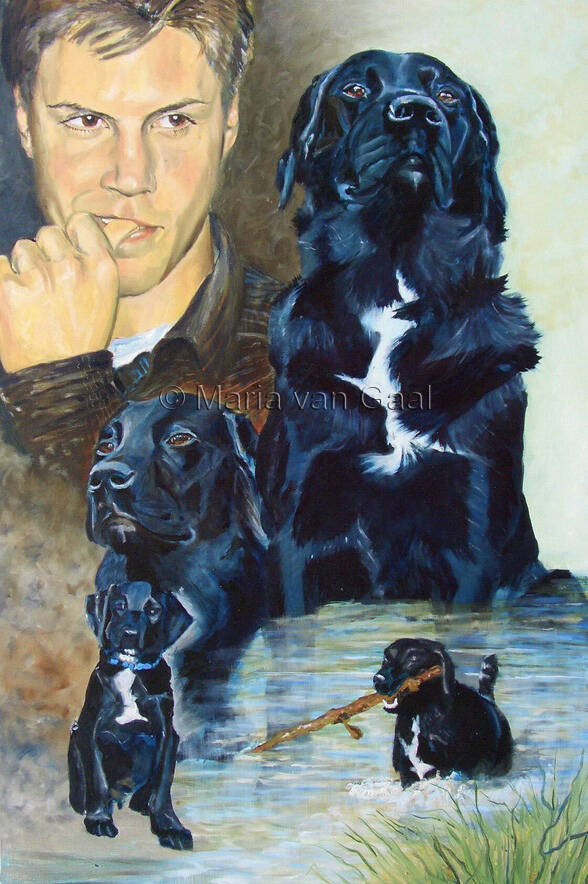 portret, man, hond, schilderkunst, olieverf