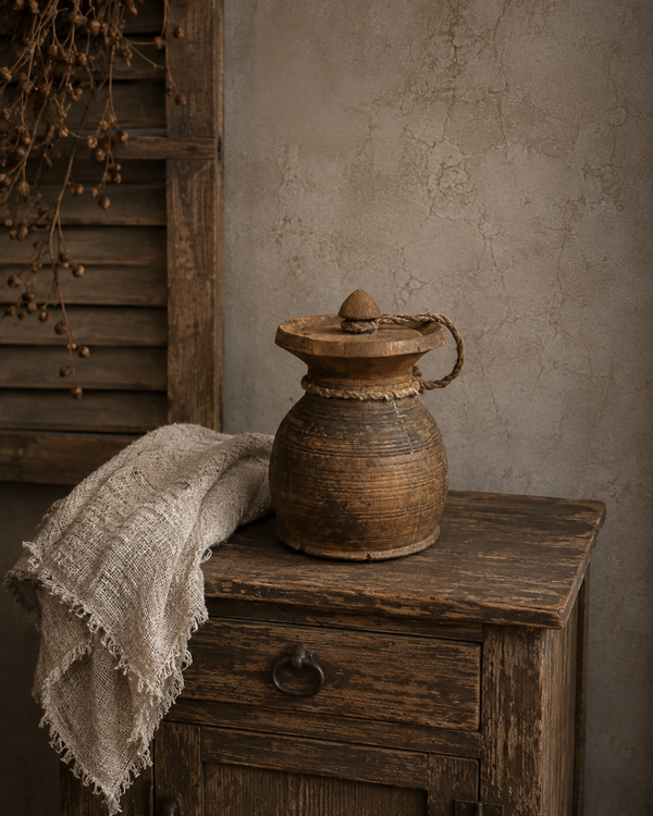 B1 oude Nepalese pot met deksel - 16x13,5cm