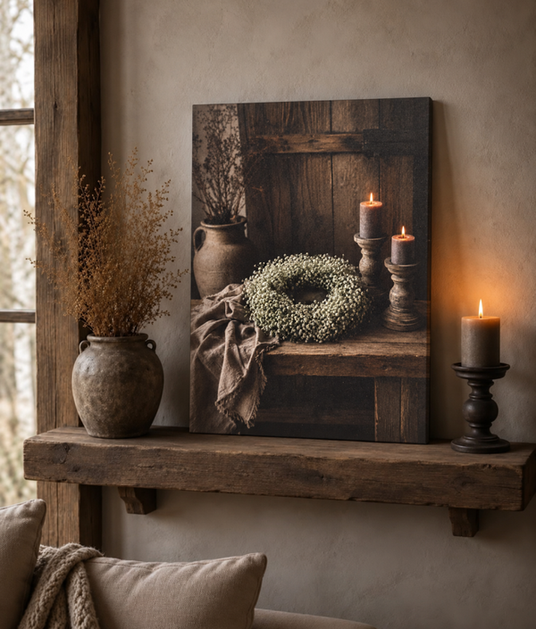 Houten paneel  krans met kandelaars - 30x40cm