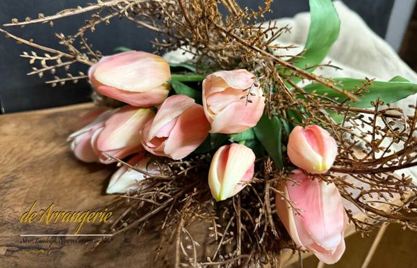 Bosje tulpen, 5 stelen, 30cm, roze/wit