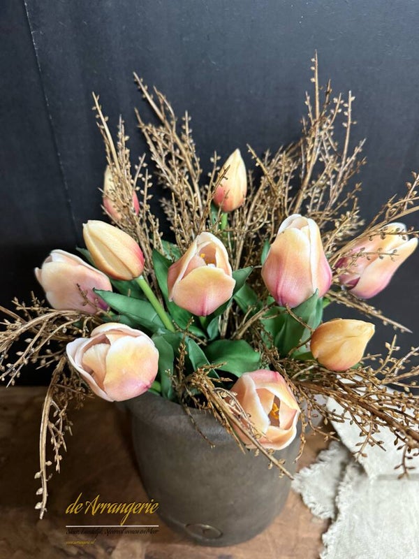 Bosje tulpen, 5 stelen, 30cm Fuchsia/creme