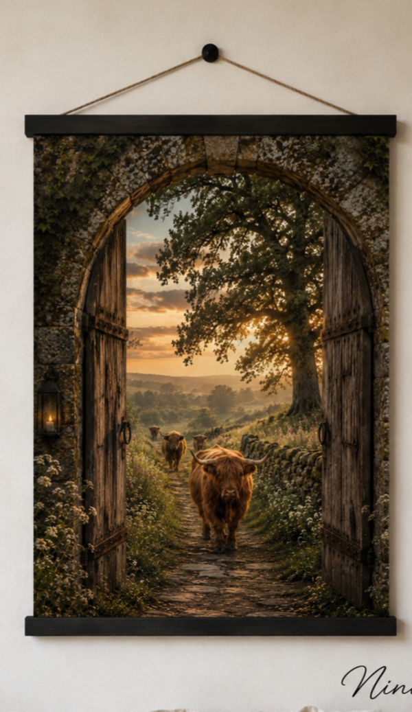 Wanddoek/tuinposter hooglander poort 60x90cm