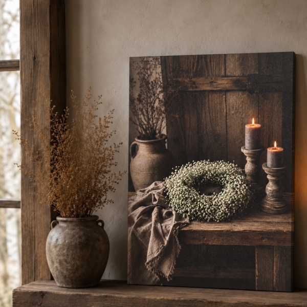 Houten paneel  krans met kandelaars - 30x40cm