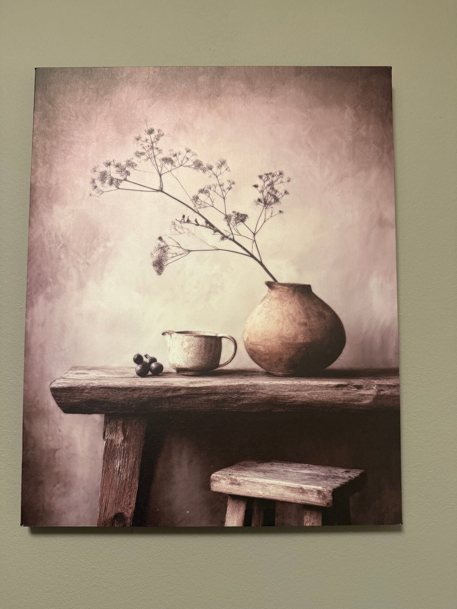 Canvas tafel met kruk pot en tak - 40x50cm