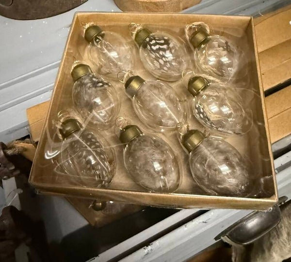 Hang eitjes, glas gevuld met veertjes