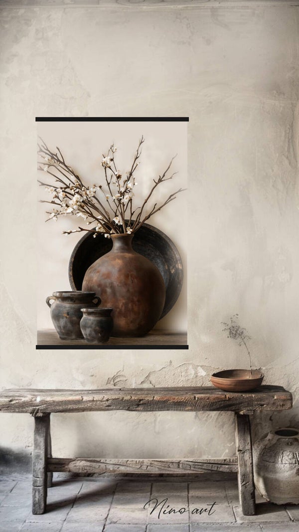 Wanddoek/Tuinposter houten pot bloesem 60x80cm