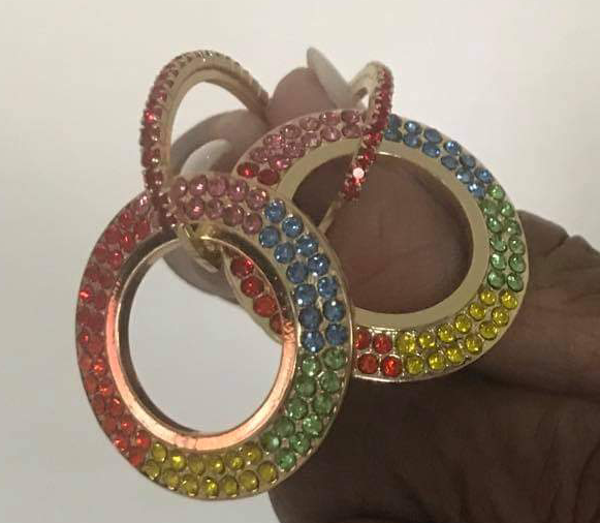 Cosmetic Yellow Gold/Rainbow Stoned Hoop Earrings