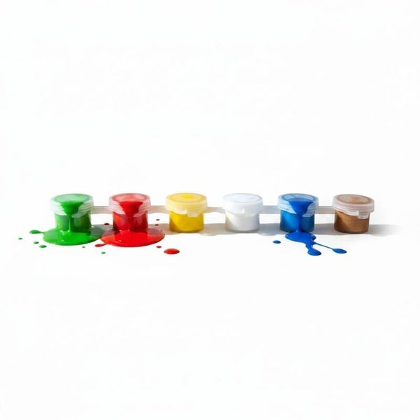 Six Arylic Paints Reusable Pots with Lids. Red Blue Yellow Green White and Gold