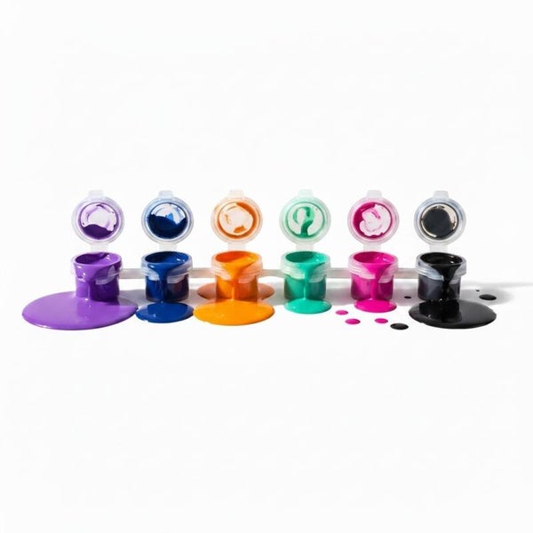 Six Acylic paints 3ml Reusable Pots with Lids. Purple,  orange, green, dark blue, magenta and black