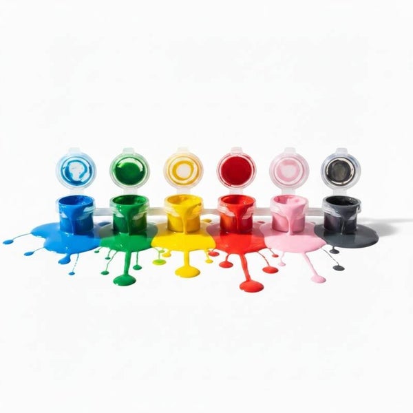 Six Acylic paints 3ml Reusable Pots with Lids. Brand New Sealed. Red, pink, yellow, green, light blue and black