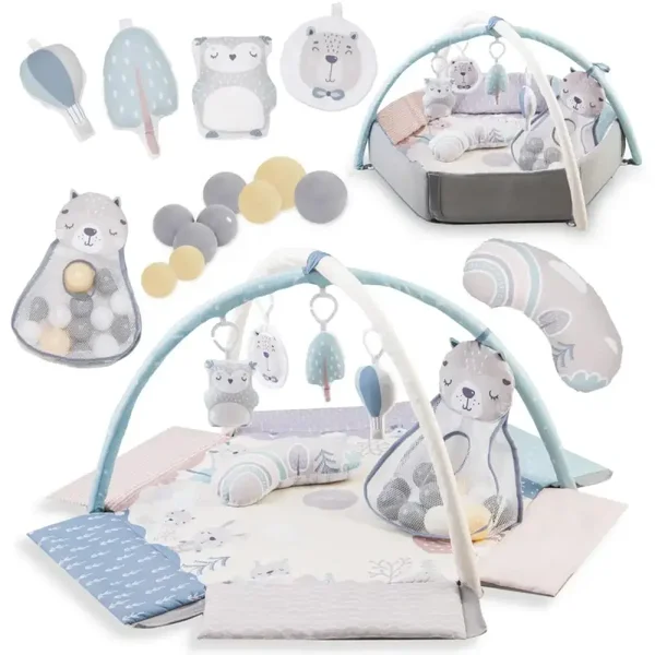 MoMi PASTEL – 2-in-1 Baby Spielmatte mit Bällebad & Sensorik-Spielzeug, fördert Sinne & Entwicklung, inkl. Kissen & Tasche – Pastellfarben