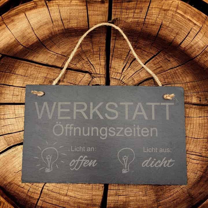 Gravierte Deko-Schiefertafel- "Werkstatt Öffnungszeiten"