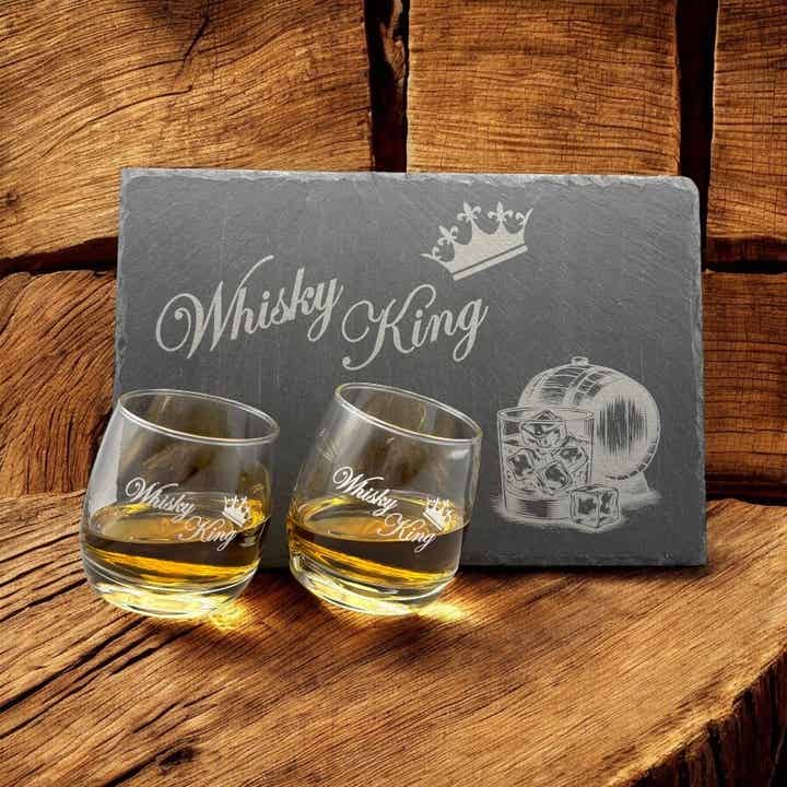 Für wahre Könige des Genusses – Whisky-Set mit Gravur & Schieferplatte
