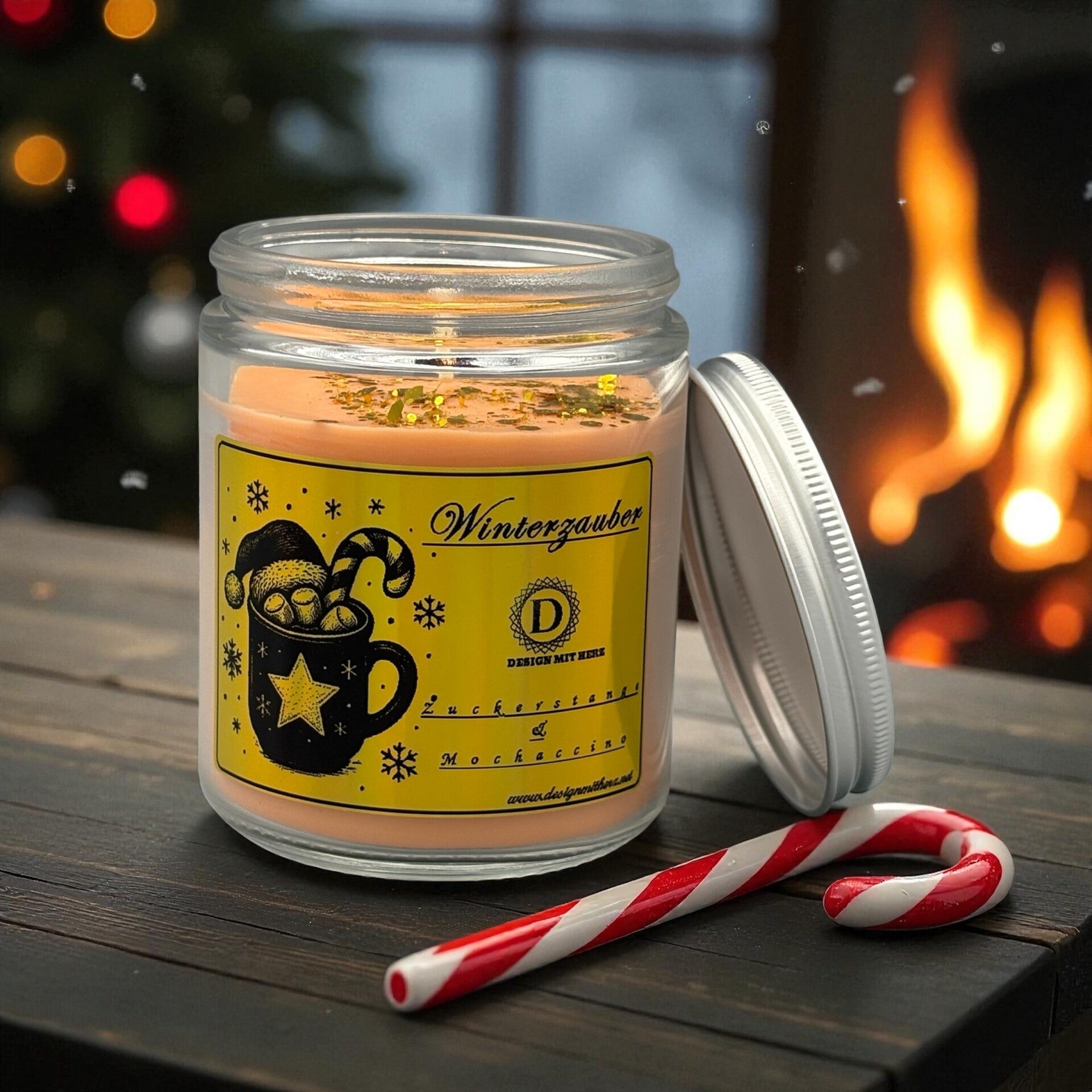 Zuckerstange & Mochaccino Duftkerze – Winterzauber Edition in Gold