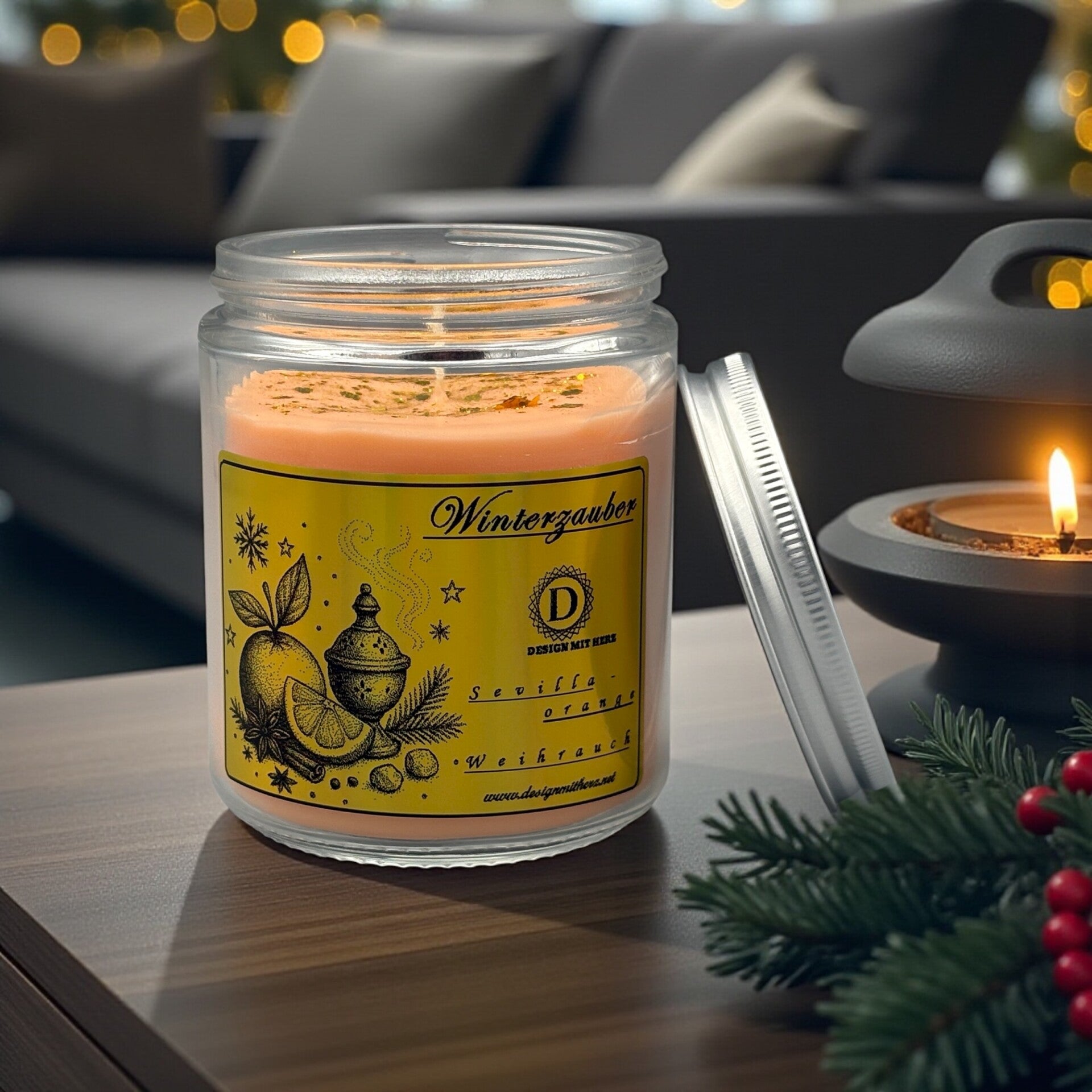 Sevilla Orange & Weihrauch Duftkerze – Winterzauber Edition in Gold