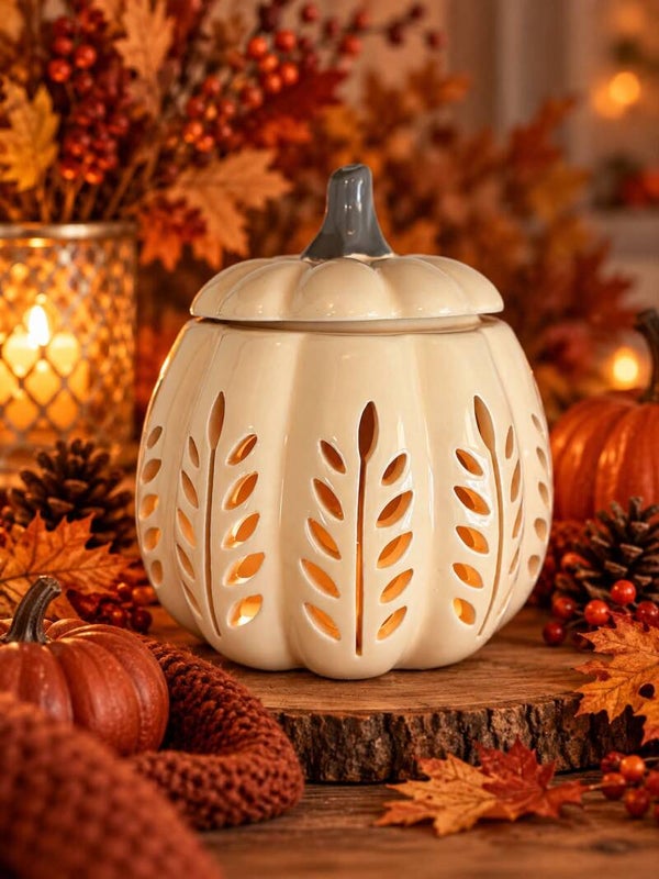Crème blad-uitgesneden herfstpompoen oliebrander en waxverwarmer
