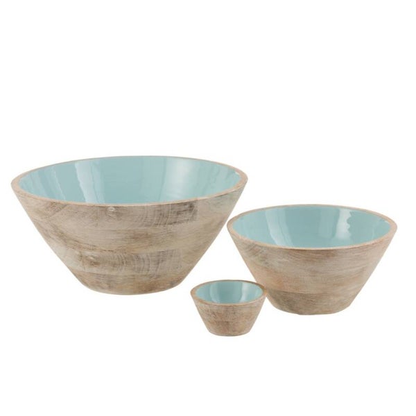 Set van 5. Waarvan 3 serveerschalen  en 2 serveerlepels. Turquise- Mangohout