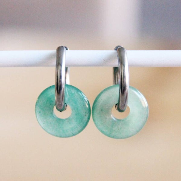 Statement oorbellen edelstaal met ronde natuursteen jade
