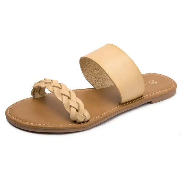 Taille : 39 (ES) - Heva Sandales plates femme tressées, beige, deux brides, bout ouvert, été