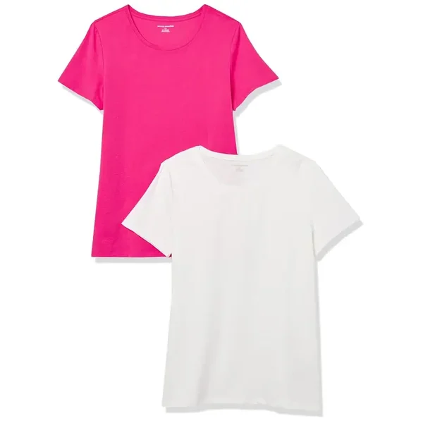 Taille : M - (Lot de 2) Amazon Essentials T-shirt à manches courtes et col rond pour femme Blanc et Rose intense