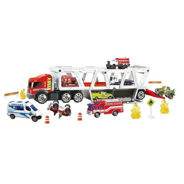 Matchbox HHJ12 Camion de Pompiers 1:64 avec 8 accessoires, rampe et rangement pour 16 voitures