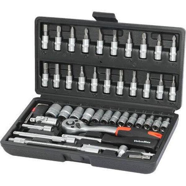Coffret de douilles Cr-V 46 pièces – Clé à cliquet 1/4' (72 dents) – Accès facile dans espaces restreints – Douilles hexagonales et à embout