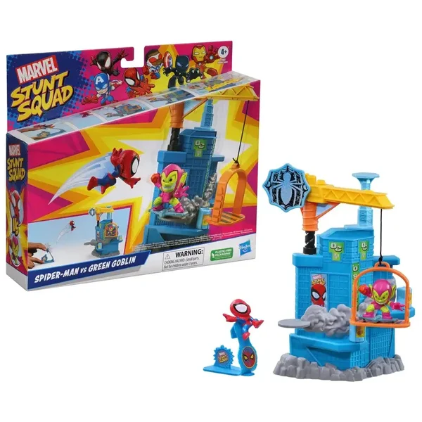 Hasbro Marvel Stunt Squad Crane Smash Playset Spider-Man vs Le Bouffon Vert avec figurines 3,5 cm