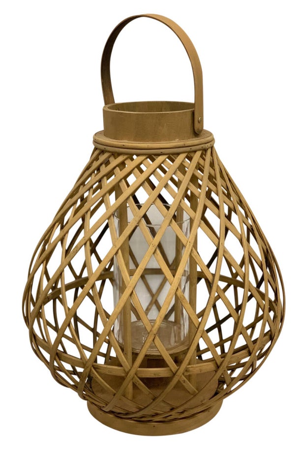 Laterne Holz aus Bambus rund mit Griff und Glaseinsatz