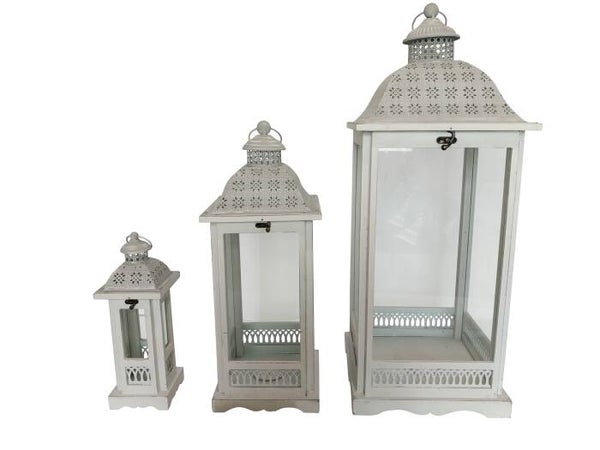Laterne 3er Set aus Holz mit hellgrauem Metalldach