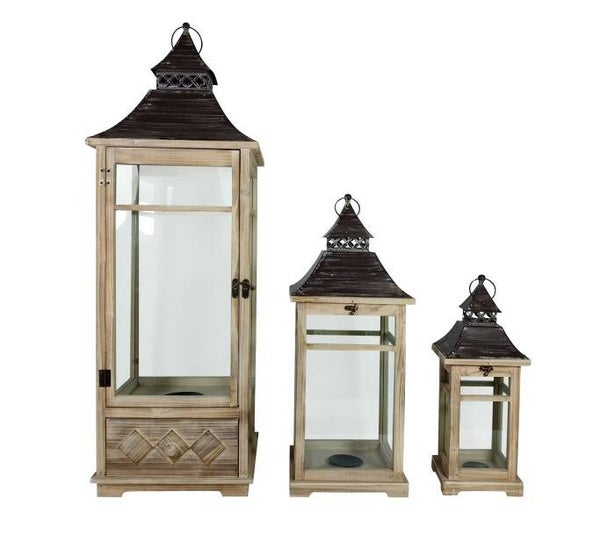 Laterne 3er Set FSC aus Holz mit grau washed Metalldach