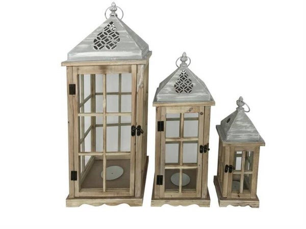Laterne 3er Set FSC aus Holz mit grauem Metalldach
