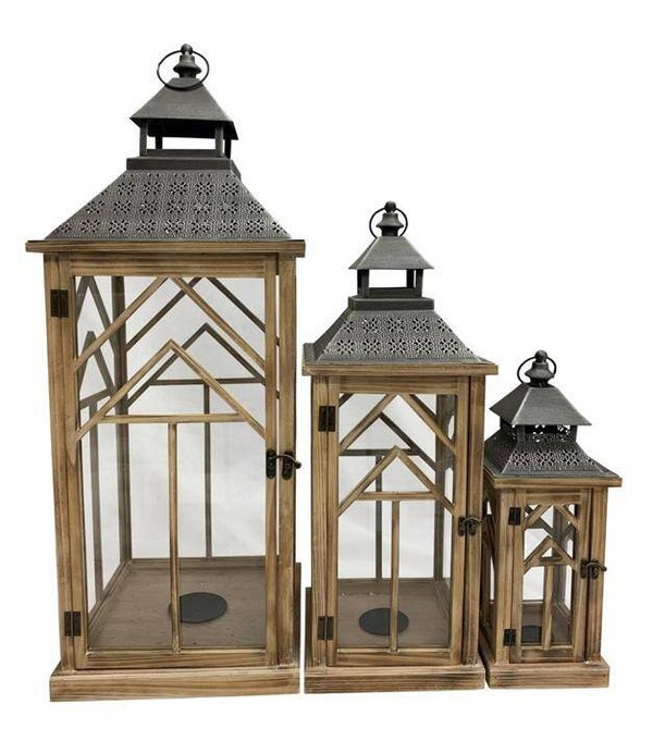 Laterne 3er Set FSC aus Holz mit grauem Metalldach