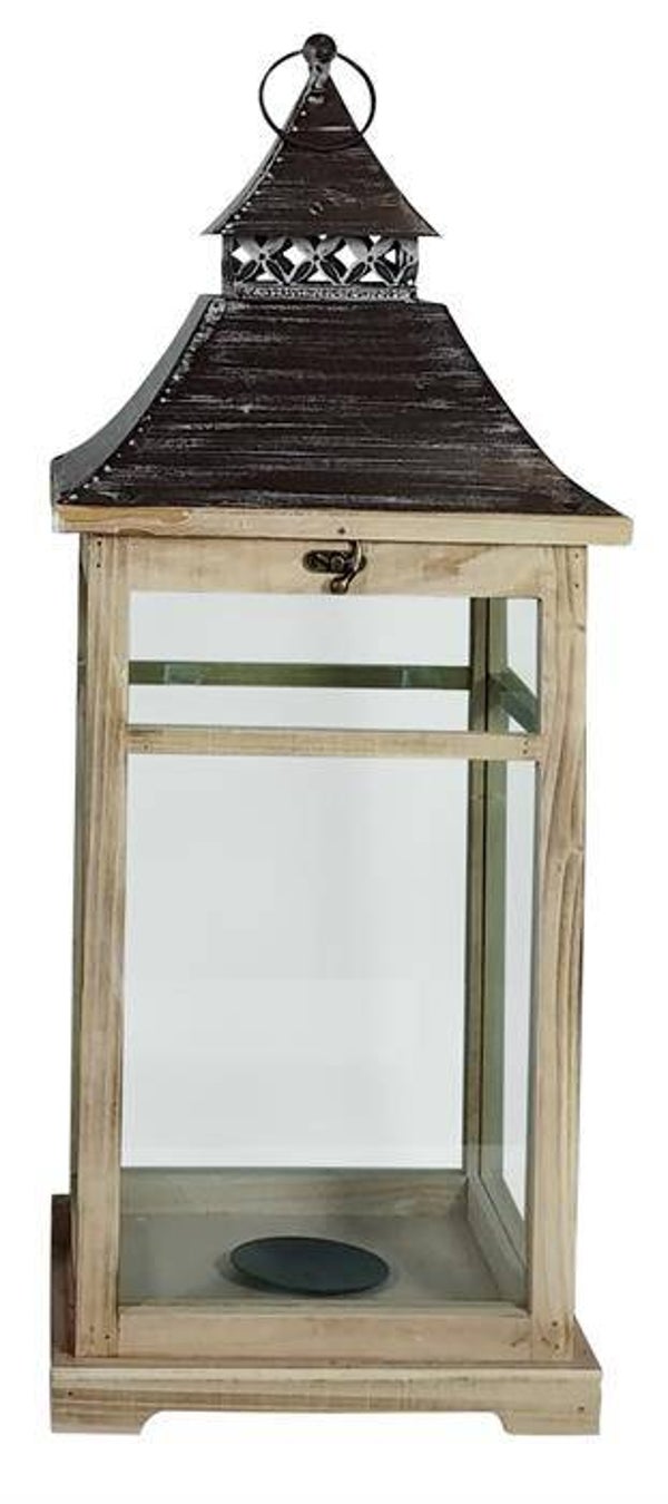 Laterne FSC aus Holz mit grau washed Metalldach