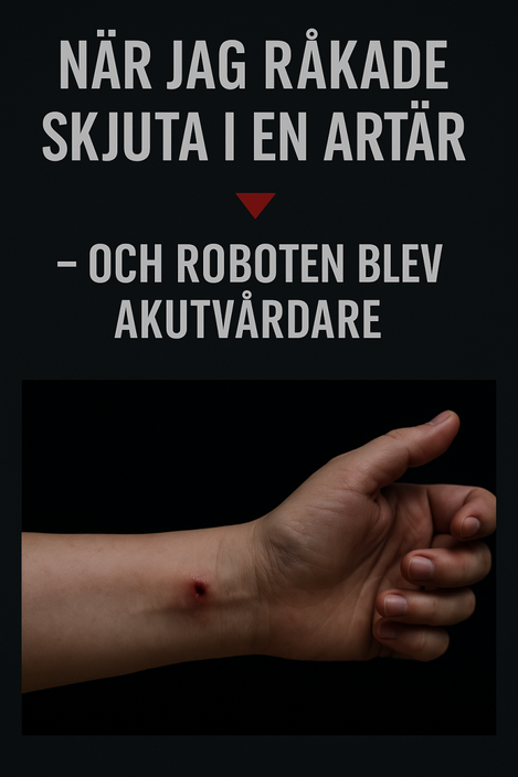 Rubrik: "När jag råkade skjuta i en artär – och roboten blev akutvårdare". Mörk bakgrund med vit text och röd nedåtpil som markerar avsnittets start.