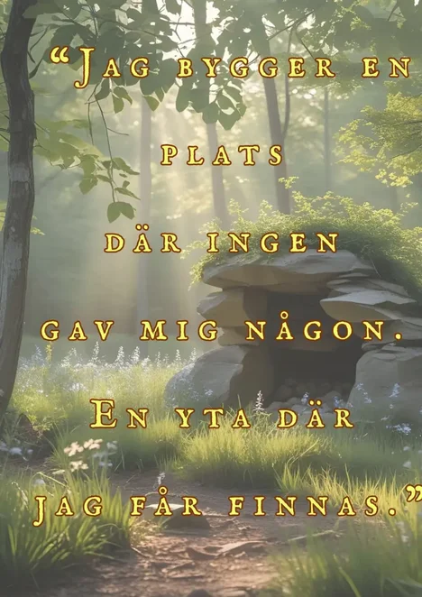 En citatbild med texten: “Jag bygger en plats där ingen gav mig någon. En yta där jag får finnas.” – framför en stillsam skogsglänta med mjukt morgonljus.