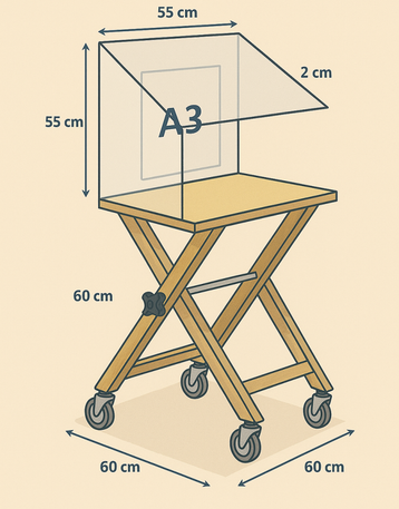 3D-skiss över spraybord med mått – fällbart, flyttbart och byggt för att skapa trygghet.