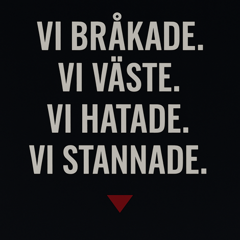 Rubrikbild med texten "Vi bråkade. Vi väste. Vi hatade. Vi stannade." i stora vita bokstäver på mörk bakgrund med en röd nedåtpil.