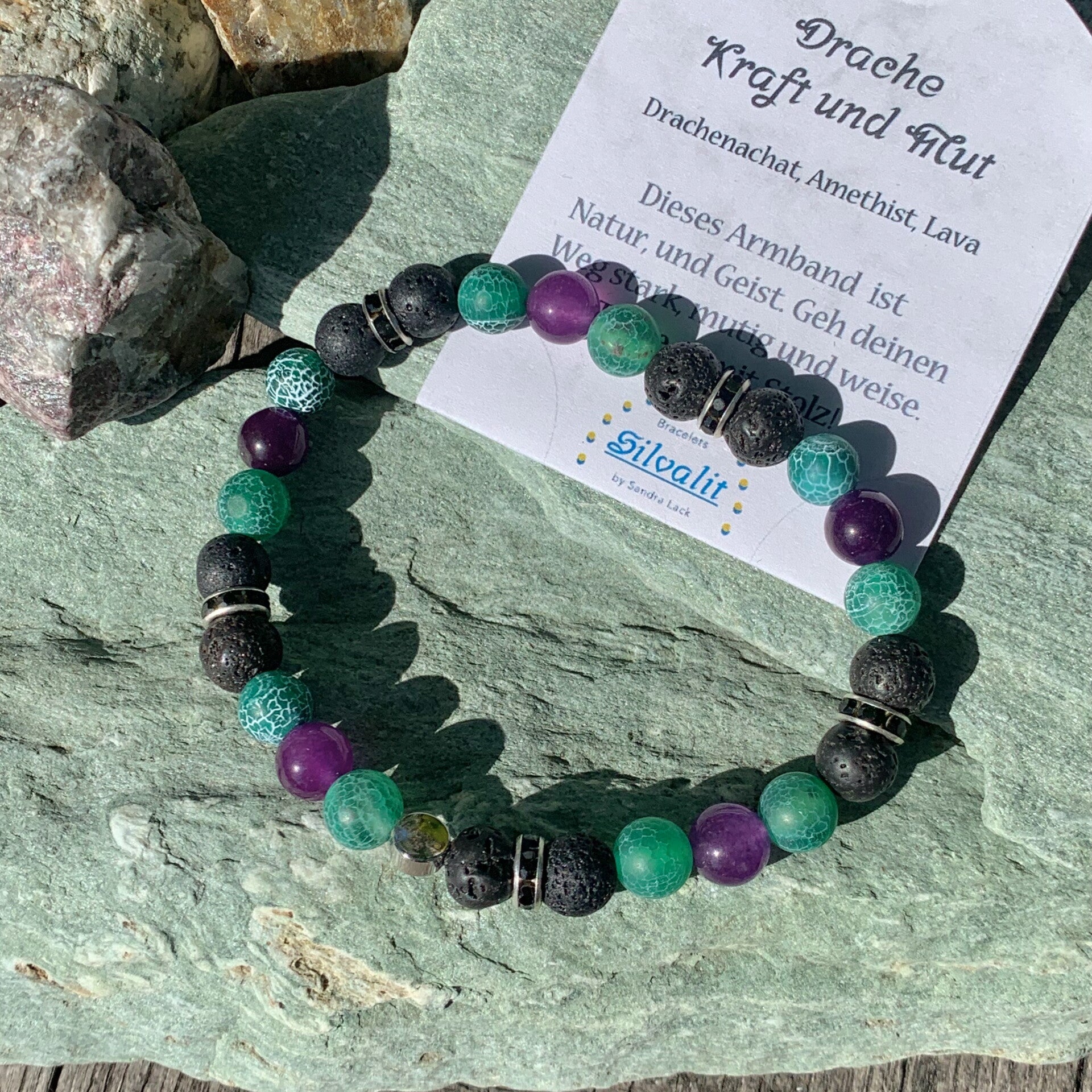 Edelsteintein Armband Silvalit, Drachen Achat grün, Lava schwarz, Amethyst violett