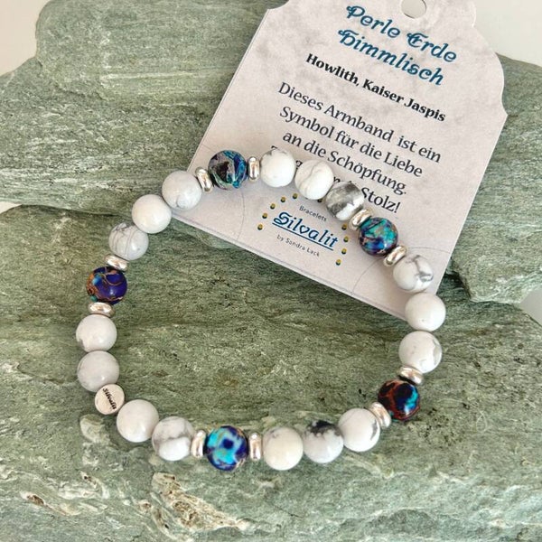 Edelstein Armband Perle Erde, Howlith - Kaiserjaspis blau