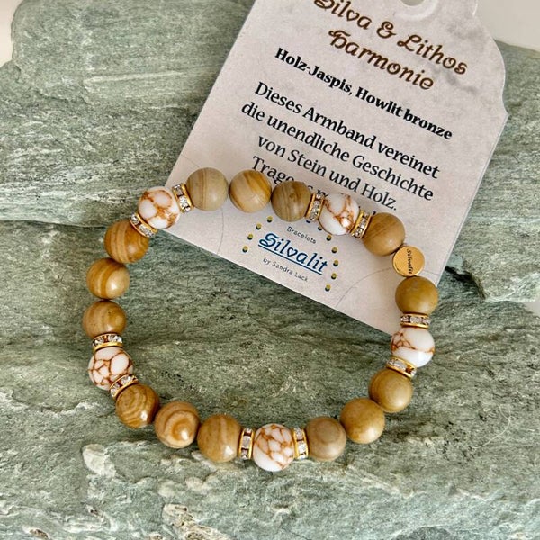 Edelstein Armband Harmonie, Holz Jaspis - Howlit mit bronze