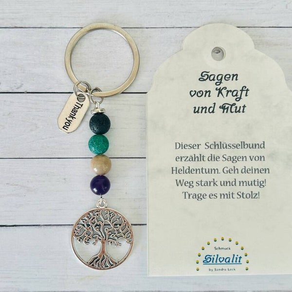 Schlüssel Anhänger Lebensbaum - Amethyst, Kieselholz, Achat, Lava