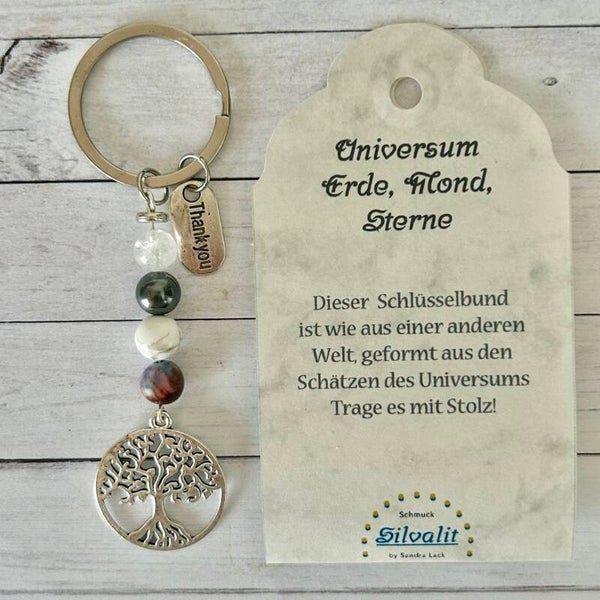 Schlüssel Anhänger Lebensbaum - Bergkristall, Hämatit, Howlith, Jaspis