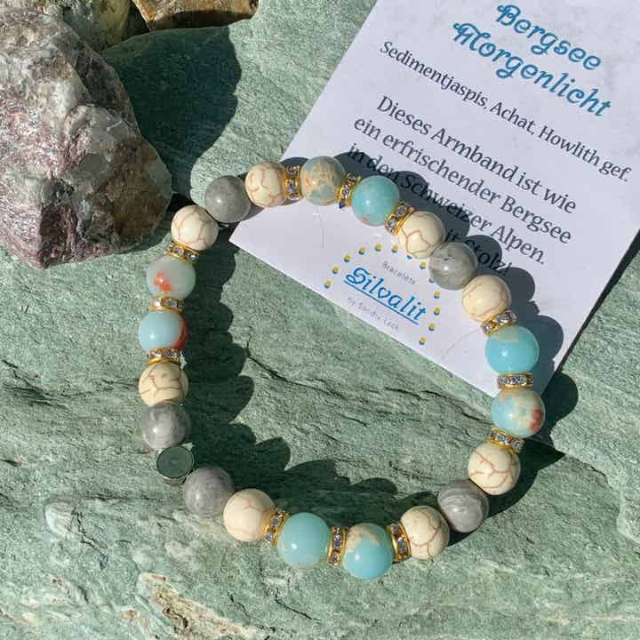 Edelstein Armband Berge, Kaiserjaspis blau, Jaspis grau, Howlith gefärbt