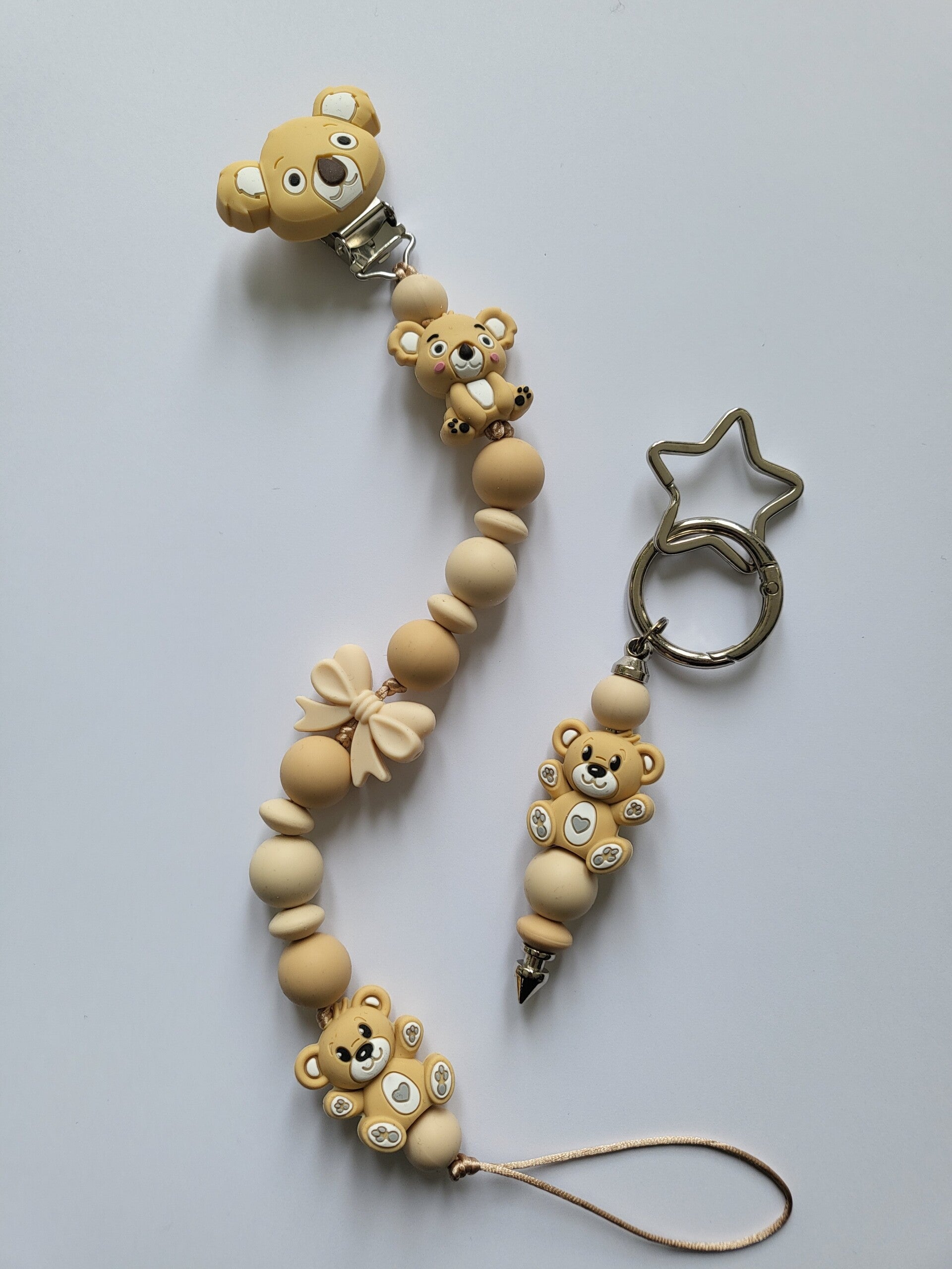 Speenkoord met koalabeertje en teddybeertje in zand-kleur en beige.