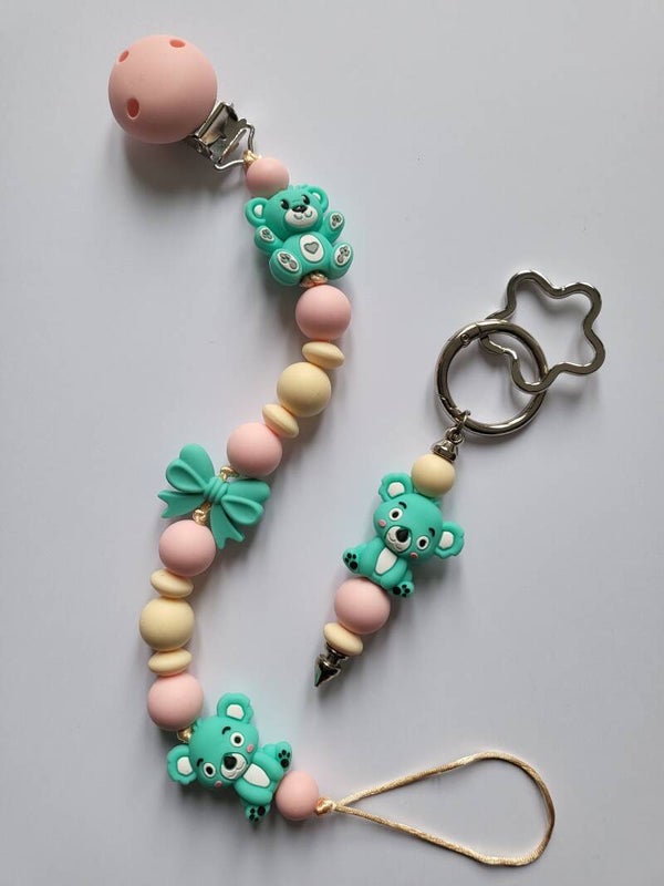 Speenkoord met koalabeertje en teddybeertje in lichtroze, turquoise en lichtgeel.