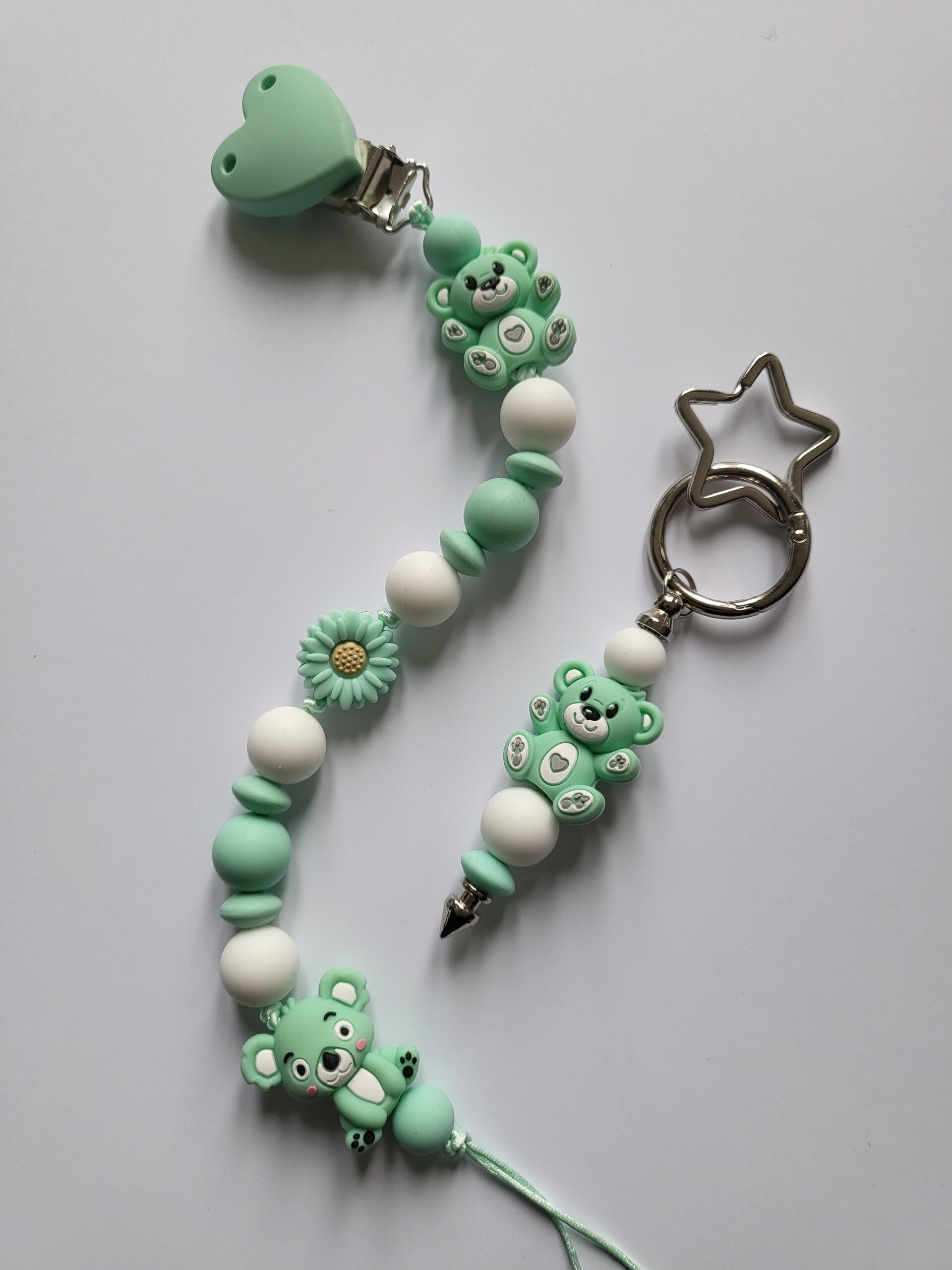 Speenkoord met teddybeertje en koalabeertje in mintgroen en wit.