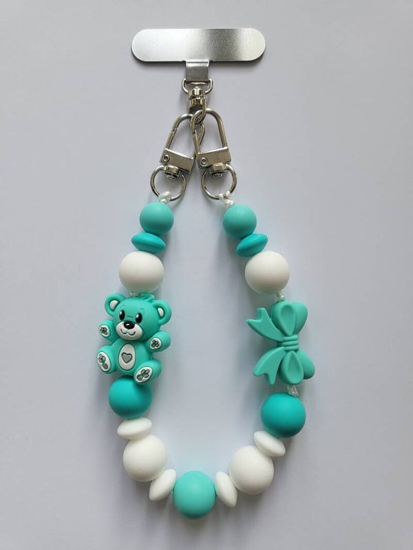 Telefoonkoord met teddybeertje in mintgroen, turquoise en wit.