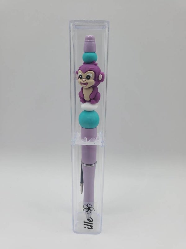 Pen met aapje in lila, turquoise en wit.