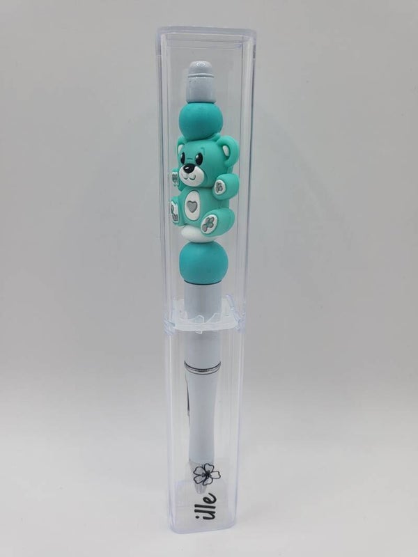 Pen met teddybeertje in mintgroen, turquoise en wit.